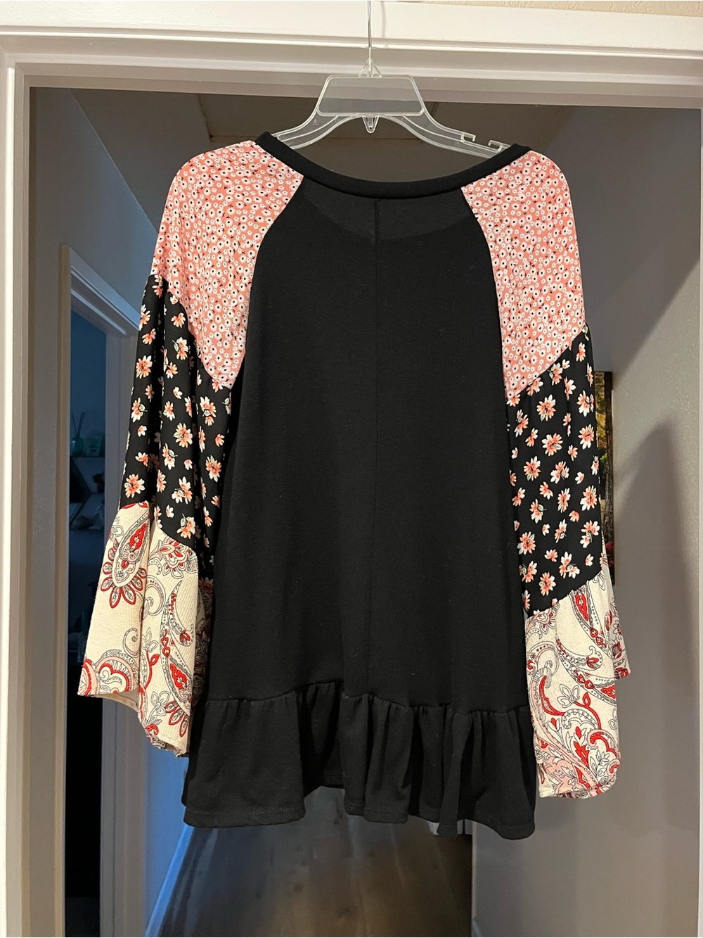 Black Peplum Top with Pink and Floral Patchwork Sleeves - Picture 3 of 4